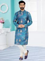 Dhupion Silk Sky Blue Festival Wear Printed Readymade Kurta Pajama